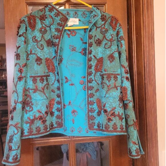 Vintage 90s Oscar De La Renta Cashmere Embroidered Evening Teal Jacket Sz 12 - Picture 1 of 8